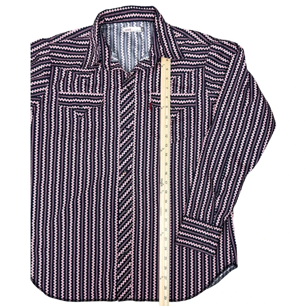 Levi's Western Shirt Geometric Zigzag Pearl Snap Mens Large Pink Black Rodeo Vtg